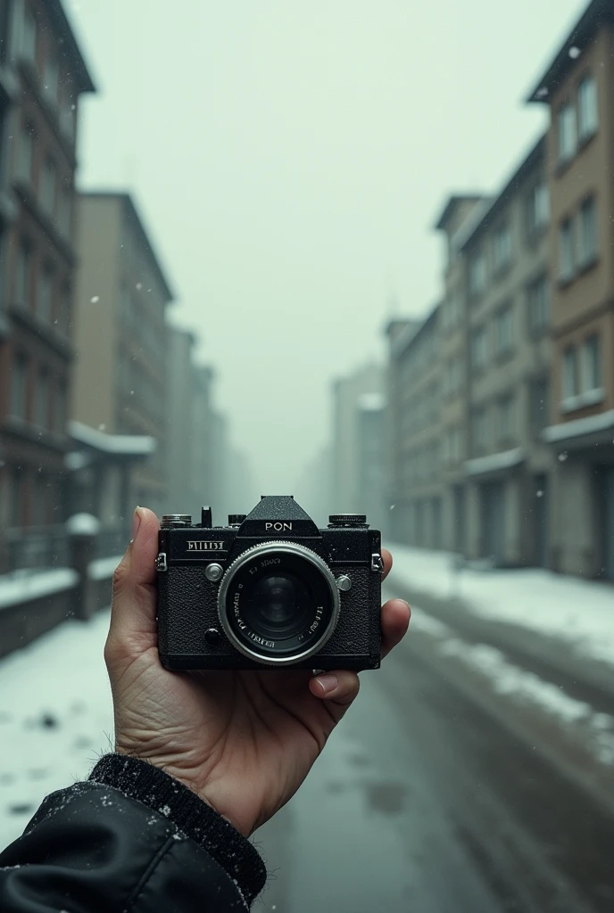 A black and white city slowly snowing reflected from an old camera from the Cold War period in someone's hands