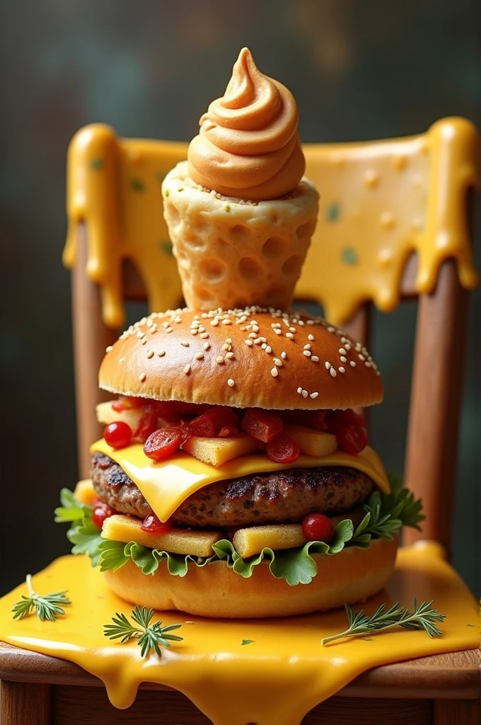 I require a very funny image of a shawarma dough cone, where they are inside a hamburger, SALCHIPAPA. Cheese with oregano and a wooden chair, but let it be a funny image