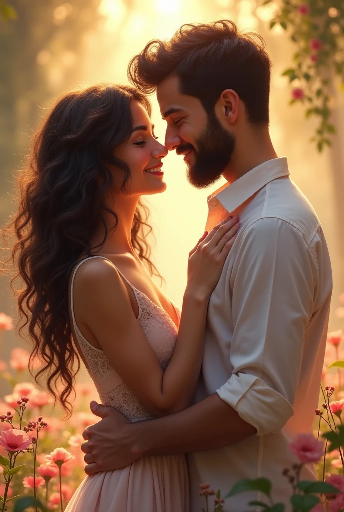 Brunette and curly girl couple wallpapers, tall dark boy with beard