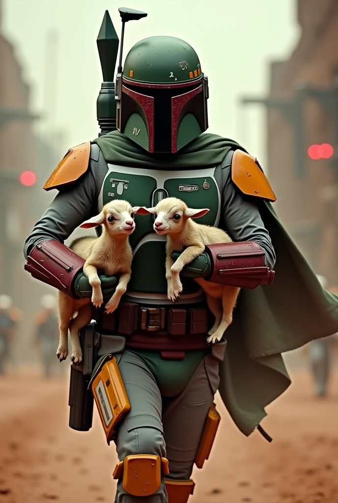 Boba Fett runs away with a  goat in each arm、Star Wars、movie、Mandaean