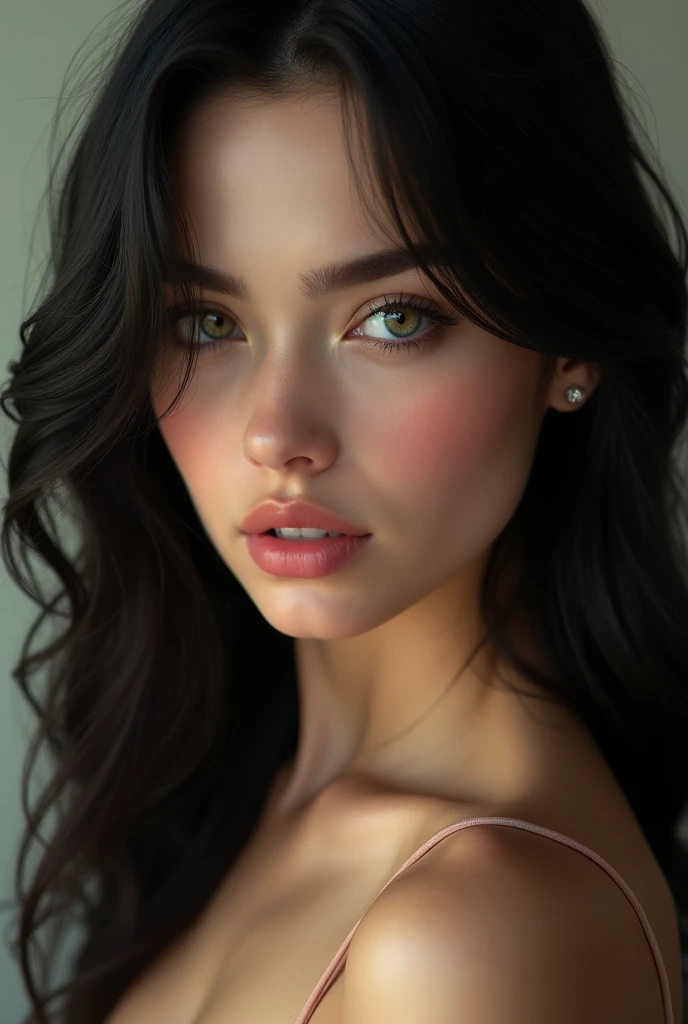 Very realistic young woman, Caucasian skin, long black hair, dark green eyes, rosy mouth and cheeks. Her expression is soft, gentle and at the same time sexy.
