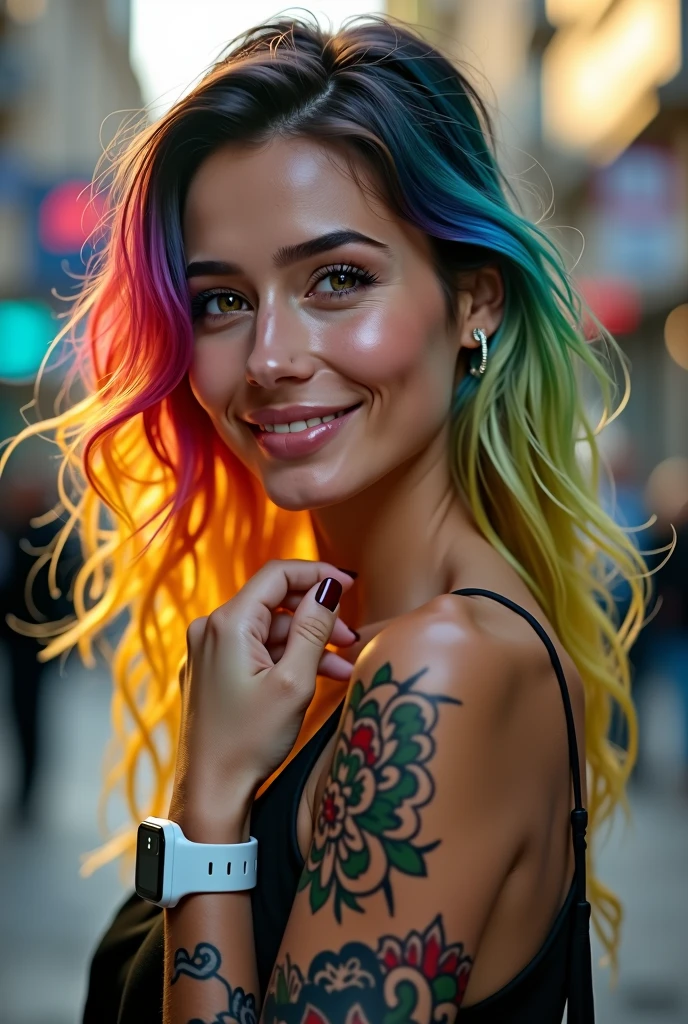 A 4K portrait of a 30-year-old brunette Argentinian woman with rainbow-colored blonde hair and emerald green eyes. She is depicted with a perfect smile, wearing a white smartwatch on her wrist, and showcasing tattoos on her arm. Her elegant clothing complements her sophisticated appearance. She is looking out at a vibrant cityscape in the background, which is softly blurred to focus on her features.
The portrait is rendered with perfect details and high quality, emphasizing realistic textures and clarity. Her hair is styled with vibrant, rainbow-colored strands that contrast beautifully with her emerald eyes. The smartwatch and tattoos are subtly highlighted, adding depth to her appearance. The lighting is soft yet vivid, enhancing her elegant clothing and the rich details of her features. The overall composition captures her graceful demeanor and the dynamic city environment, ensuring every detail is rendered with high resolution and professional quality