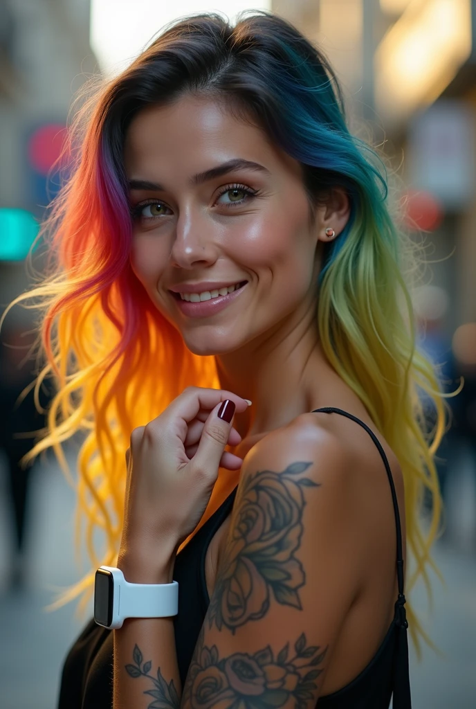 A 4K portrait of a 30-year-old brunette Argentinian woman with rainbow-colored blonde hair and emerald green eyes. She is depicted with a perfect smile, wearing a white smartwatch on her wrist, and showcasing tattoos on her arm. Her elegant clothing complements her sophisticated appearance. She is looking out at a vibrant cityscape in the background, which is softly blurred to focus on her features.
The portrait is rendered with perfect details and high quality, emphasizing realistic textures and clarity. Her hair is styled with vibrant, rainbow-colored strands that contrast beautifully with her emerald eyes. The smartwatch and tattoos are subtly highlighted, adding depth to her appearance. The lighting is soft yet vivid, enhancing her elegant clothing and the rich details of her features. The overall composition captures her graceful demeanor and the dynamic city environment, ensuring every detail is rendered with high resolution and professional quality