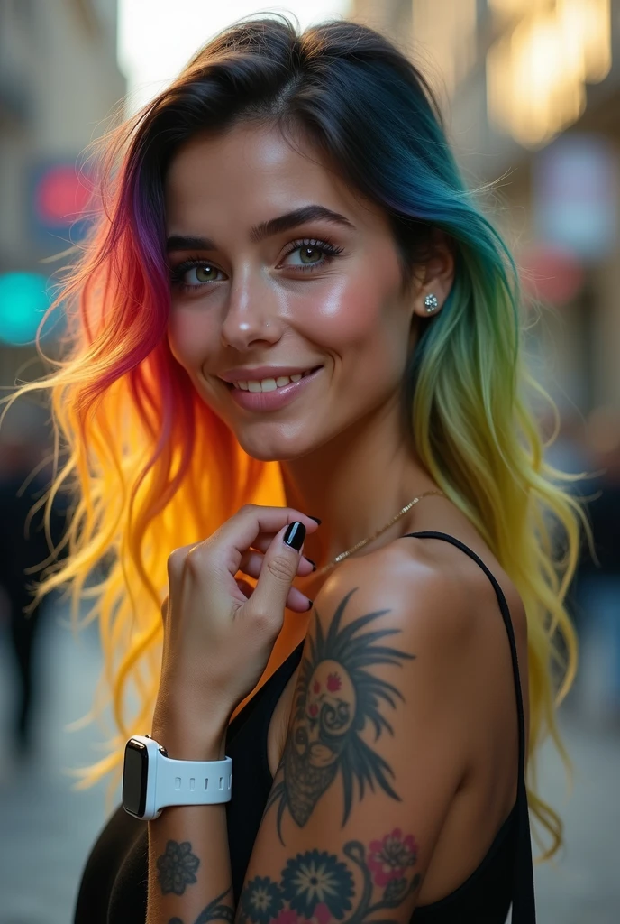 A 4K portrait of a 30-year-old brunette Argentinian woman with rainbow-colored blonde hair and emerald green eyes. She is depicted with a perfect smile, wearing a white smartwatch on her wrist, and showcasing tattoos on her arm. Her elegant clothing complements her sophisticated appearance. She is looking out at a vibrant cityscape in the background, which is softly blurred to focus on her features.
The portrait is rendered with perfect details and high quality, emphasizing realistic textures and clarity. Her hair is styled with vibrant, rainbow-colored strands that contrast beautifully with her emerald eyes. The smartwatch and tattoos are subtly highlighted, adding depth to her appearance. The lighting is soft yet vivid, enhancing her elegant clothing and the rich details of her features. The overall composition captures her graceful demeanor and the dynamic city environment, ensuring every detail is rendered with high resolution and professional quality