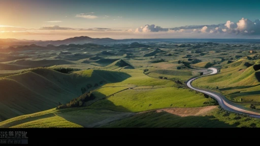 Surreal Movie Photo Pattern, Lighting and Ultra HD Images. Image shows vast landscape with signs of life、, Small Tree々、, Bushes and animals in the distance、. The color palette includes vibrant greens。, Warm brown, And a soft shade of blue、. The composition is、With the elements of life harmoniously arranged on the land、Offers panoramic views of the land。. The atmosphere is warm and prosperous、, It symbolizes a promising and prosperous future.。. 4K resolution widescreen format image.
