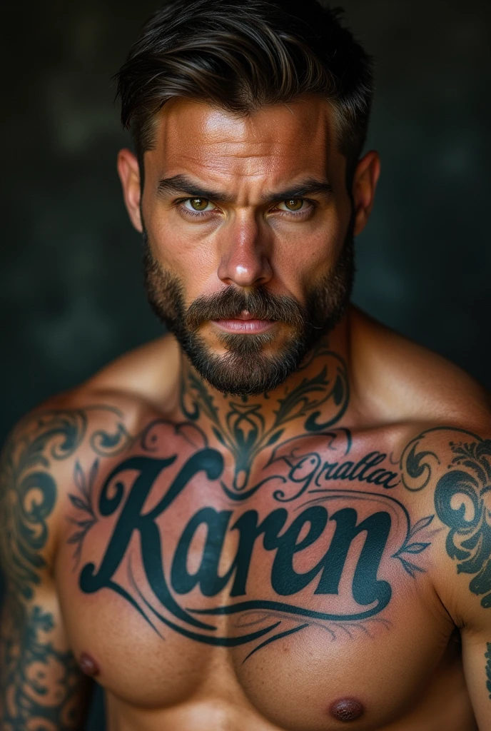 A man's chest tattooed with Karen on it