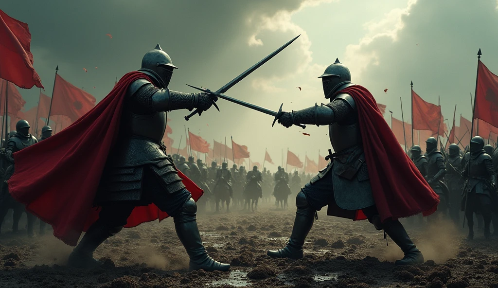 A dramatic medieval battle scene during the Hundred Years' War unfolds under a brooding, overcast sky. English and French knights clash amidst a chaotic battlefield, their dark, detailed armor glinting in the dim light. The ground is churned into mud by the relentless advance of troops and horses. In the foreground, a fierce duel between a French knight and an English warrior is captured mid-swing, their swords striking sparks in the gloomy atmosphere. Around them, soldiers struggle in a tumultuous mêlée, with banners and standards fluttering in the wind. The scene is framed by dark, stormy clouds and scattered debris, adding to the somber and intense mood. The depiction, rich in dark tones and dramatic shadows, mirrors the evocative and detailed style of Edmund Blair Leighton., Surrealism, Hyperrealism, UHD, retina, masterpiece, accurate, anatomically correct, textured skin, super detail, 16k