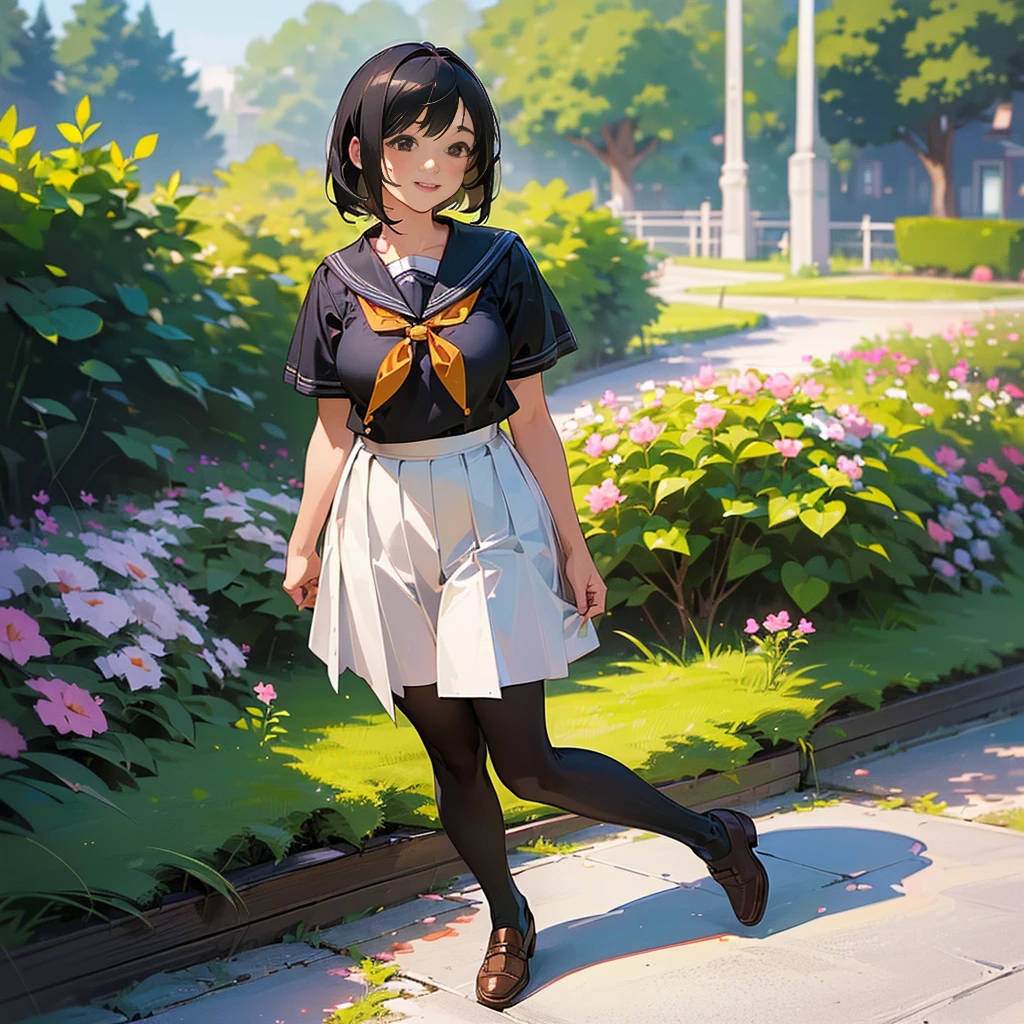 (Highest quality, High resolution, Super detailed, Realistic:1.37), Peaceful atmosphere, (Outdoor, garden), Teenage girl standing alone,(my breasts are big.),Beautifully detailed features, Cute Smile, ((Black bob hair)),Short-sleeved sailor uniform, Pleated skirt,Black tights,Brown leather shoes.