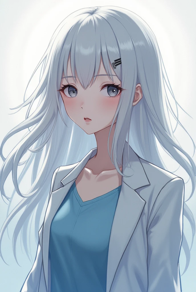a white girl in anime style wearing a white jacket and blue shirt with white hair with black tip