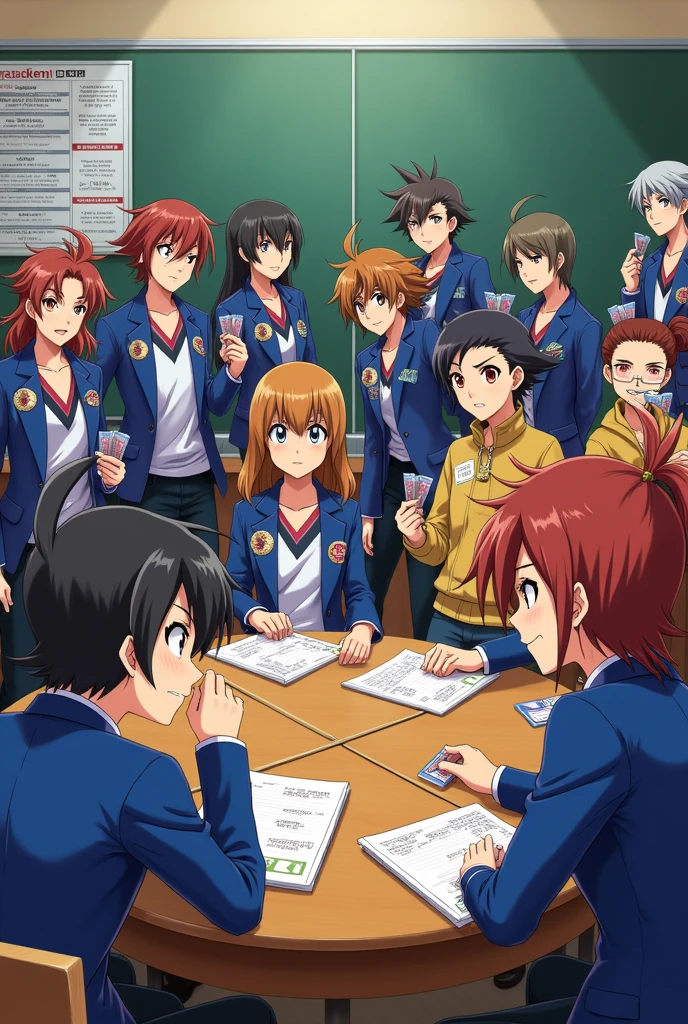 Create an image set in the world of YU-GI-OH of a group of 15 young people who are in the classroom