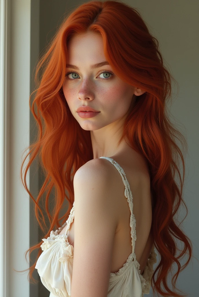 I want to see a woman with long red hair, that she is white and has few freckles on her face, that has a nice body, nice legs too, that can be seen from head to toe
