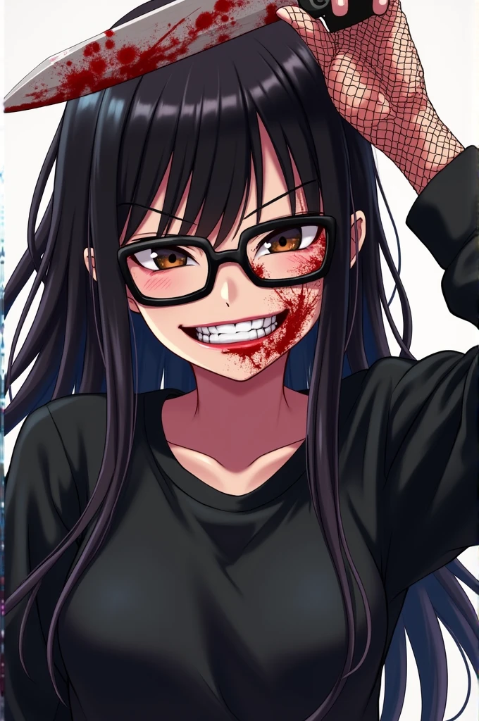 A black-haired girl with brown eyes and black glasses with blood on her face, with a knife in hand with blood, black sweatshirt with rolled up sleeves and wears fishnet gloves with a psychotic expression anime style image