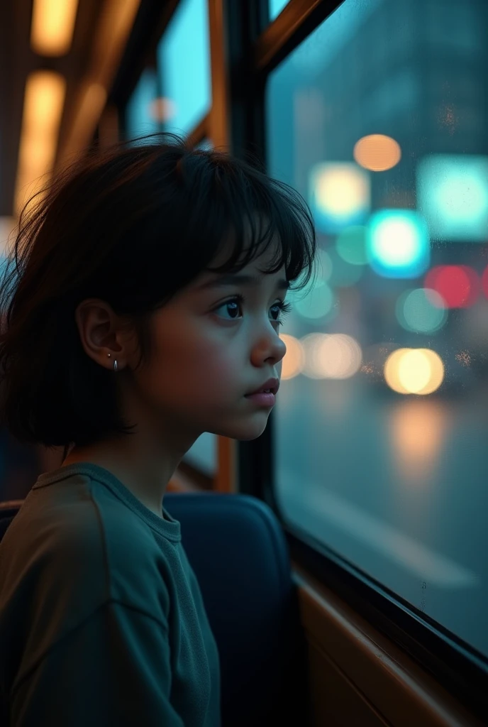 /imagine prompt: ANIMATED, personality: [Depict Riya gazing out the bus window, her eyes wide as she observes the blurred city lights. Capture her face reflecting a mix of melancholy and contemplation amidst the quietness of the night] unreal engine, hyper real --q 2 --v 5.2 --ar 16:9