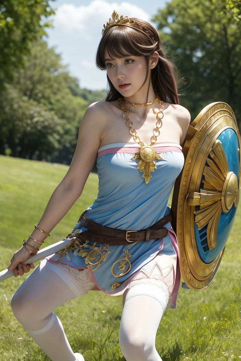 masterpiece, Highest quality, High resolution, hmpa1, pink, Parted bangs, Battle Tiara, Large Breasts, Golden Necklace, Exposing shoulders, Strapless Dress, Arm guard, belt, Blue Dress, White knee socks, Single knee socks, Outdoor, holding staff, staff, Hold a shield,Action pose