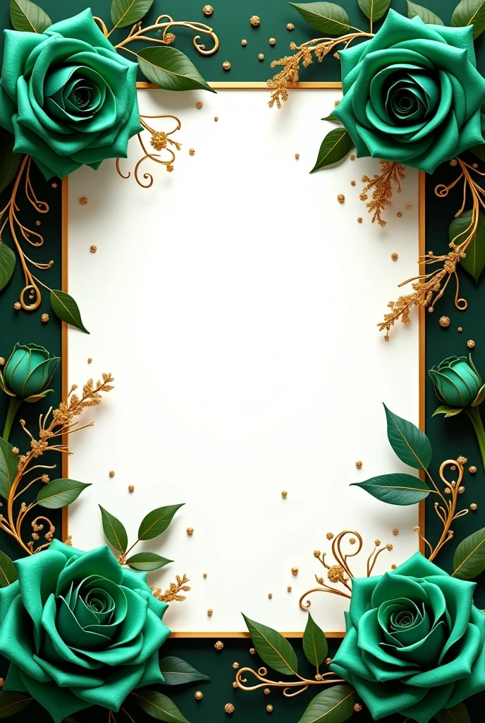 Un arreglo floral de rosas Emerald green en fondo blanco.
Golden details intertwined with roses., including leaves, Stylized tendrils and butterflies Dark green background contrasting with roses and gold elements Symmetrical design with roses and gold elements forming a decorative border Small shiny dots scattered throughout to give a luxurious magical effect, Elegant and sophisticated color palette.: Emerald green, Dark green and gold visual effect: Bright and luxurious, As a high-end decoration The result should evoke a feeling of opulence and refinement