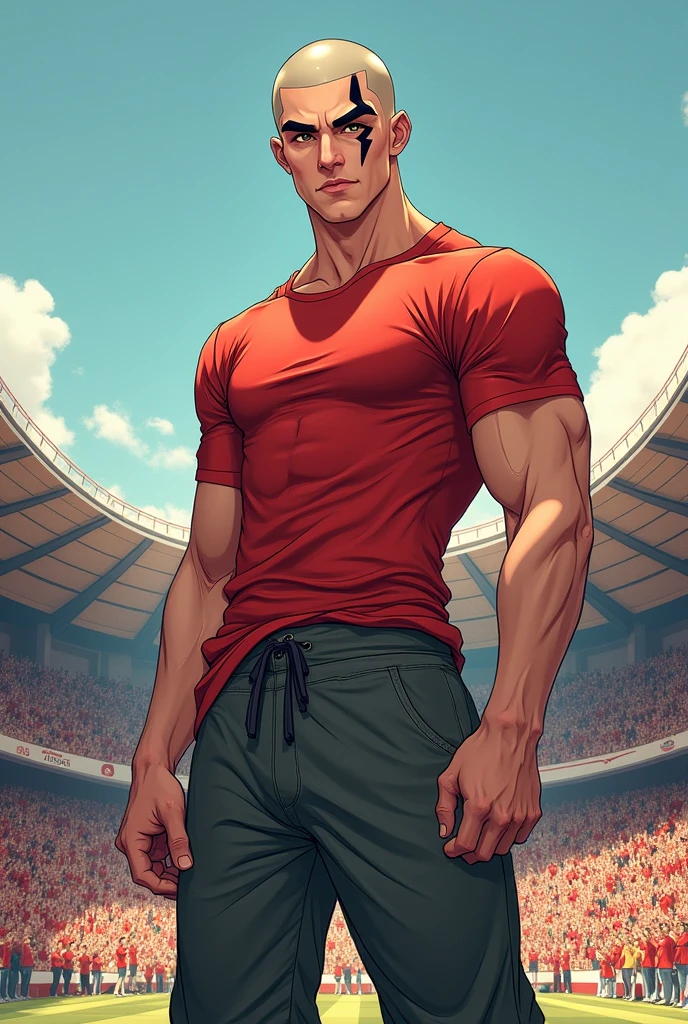 2d illustration, Portrait. Young man With a completely shaved head, prominent black eyebrows, with a scar in the middle of the left eyebrow, Brown eyes, Sincere smile and white complexion and athletic body. dressed in a tight sports shirt and baggy pants, standing on stage in the middle of a packed stadium.