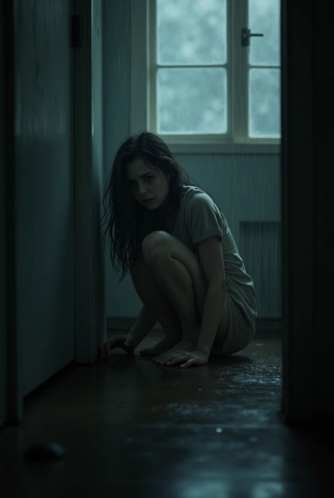A scared woman with a creepy rainy background indoors
