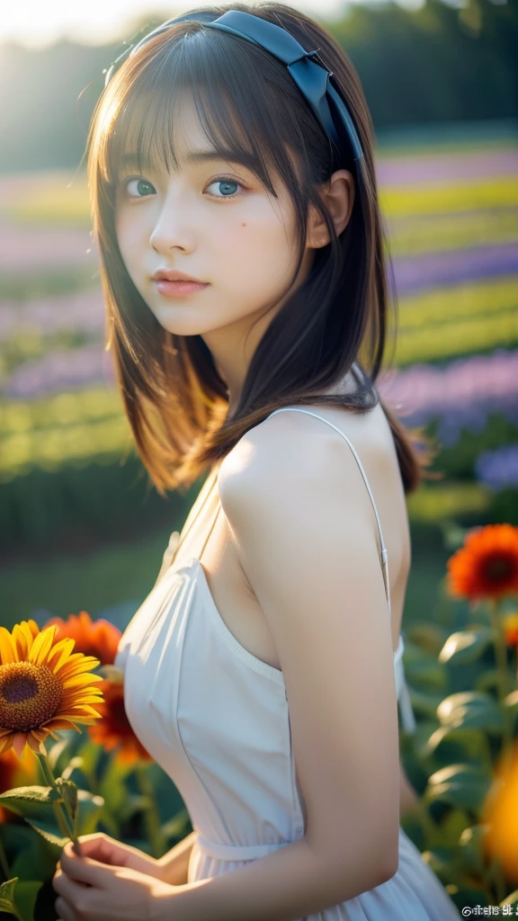 (masterpiece, ultra-detailed, ultra-realistic, best quality, clear focus, photorealistic), (ultra-high resolution, 8k:1.3), cinematic color-grading film, dramatic scenes, shadow, global-illumination, perfect anatomy, (perfect face), (ultra-detailed face, detailed eye:1.3), (Japanese anime-style girl:1.2), (high school student but farmer:1.2), professional light, (very beautiful with very cute but cool Japanese face:1.1), (amazing view of flower field:1.2), (wearing a very cute farmer's outfits:1.2), slim waist, very large breasts, breasts focus, beautiful anime-character-like blue colored eyes,