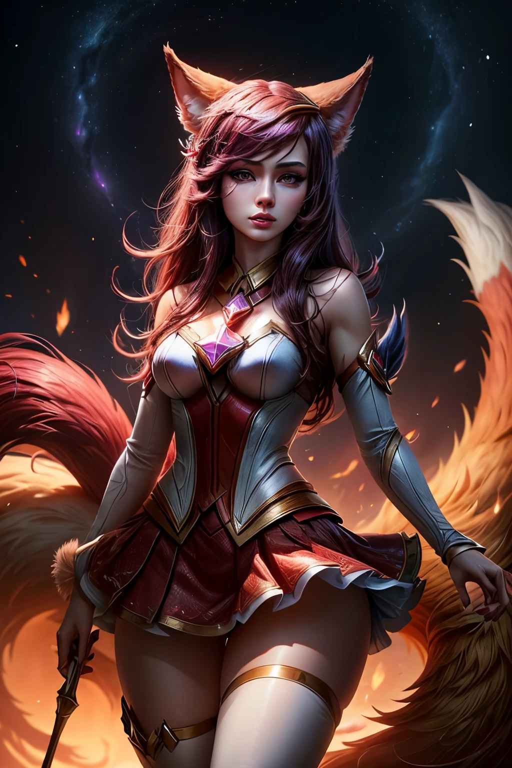 Ahri league of legends, nine red tipped fox tails, standing, face detailed, star guardian costume, short skirt, fully body, super detaill, high resolution, 8k, Overview, iluminação Ray Tracing