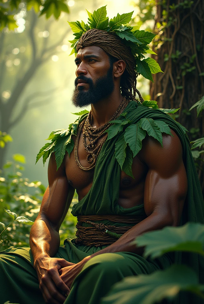 Adult male of African ethnicity, wearing a garment made of green leaves and a turban made of leaves and roots sitting at the foot of a fig tree in the middle of the dense forest. the sun's rays leak through the leaves of the tallest trees and around the man leaves fly as if he were the center of a whirlwind.