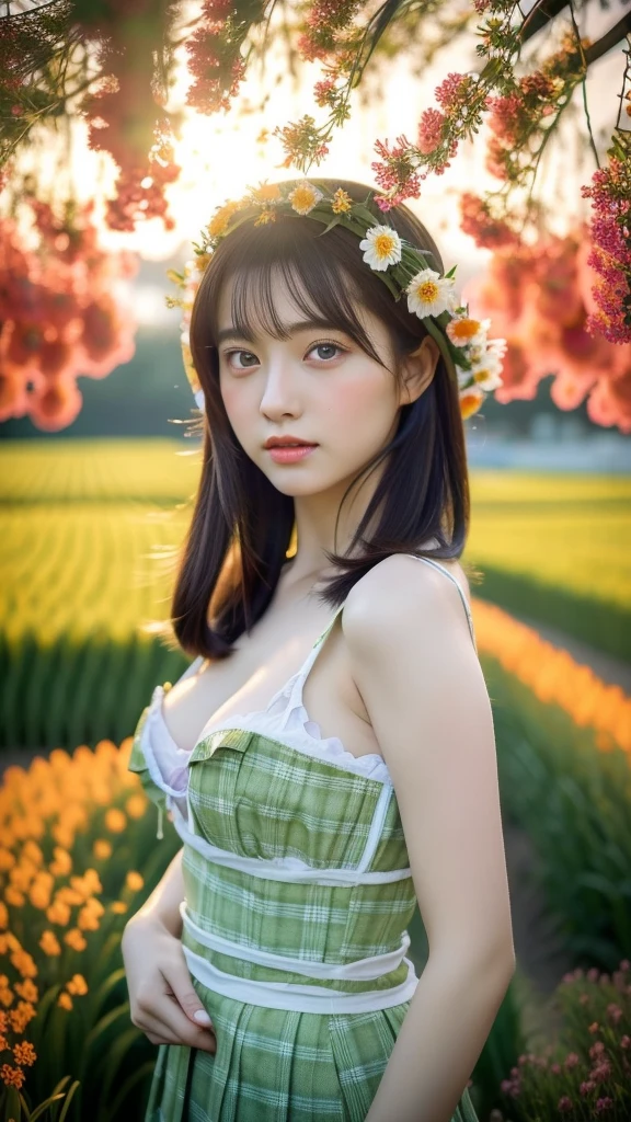 (masterpiece, ultra-detailed, ultra-realistic, best quality, clear focus, photorealistic), (ultra-high resolution, 8k:1.3), cinematic color-grading film, dramatic scenes, shadow, global-illumination, perfect anatomy, (perfect face), (ultra-detailed face, detailed eye:1.3), (Japanese anime-style girl:1.2), (high school student but farmer:1.2), professional light, (very beautiful with very cute but cool Japanese face:1.1), (amazing view of flower field:1.2), (wearing a very cute farmer's outfits:1.2), slim waist, very large breasts, breasts focus, beautiful anime-character-like green colored eyes,