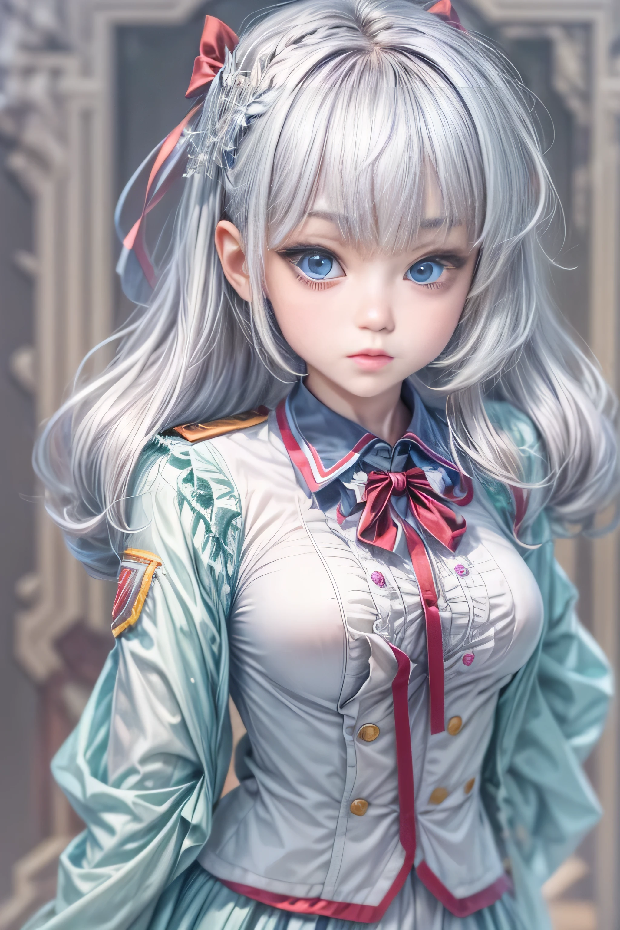8k.Half Russian and half Japanese、Russian face、beautiful girl、princess、、Small face、Young face、Big eyes、Skinny、Small breasts、(((Silver Hair、Silver Hair)))、With bangs、(((High resolution big beautiful light blue eyes, )))、Shortcuts、Bobcut、Partially braided、Red bow tie、uniform、ドイツuniform