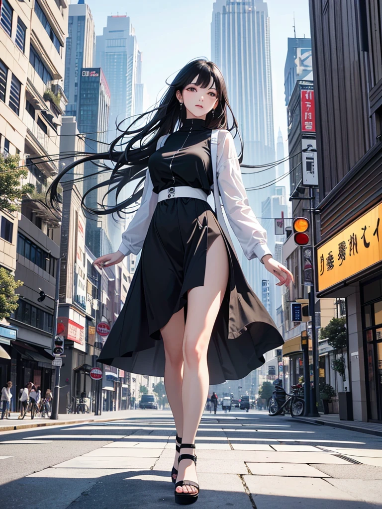 (Masterpiece、Ultra-high resolution、Detailed expression、Beautiful depiction、8k、Highest quality、Artwork:1.2)、(Giant:1.4)、Beauty、whole body、Beautifully detailed face、Over the city、A towering presence、Black Hair、Casual wear、Casual attire、skyscraper