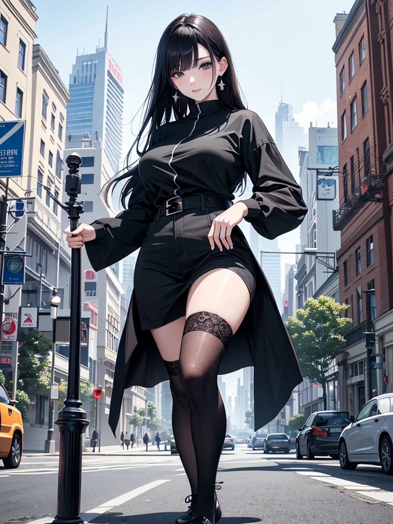 (Masterpiece、Ultra-high resolution、Detailed expression、Beautiful depiction、8k、Highest quality、Artwork:1.2)、(Giant:1.4)、Beauty、whole body、Beautifully detailed face、Over the city、A towering presence、Black Hair、Casual wear、Casual attire、skyscraper