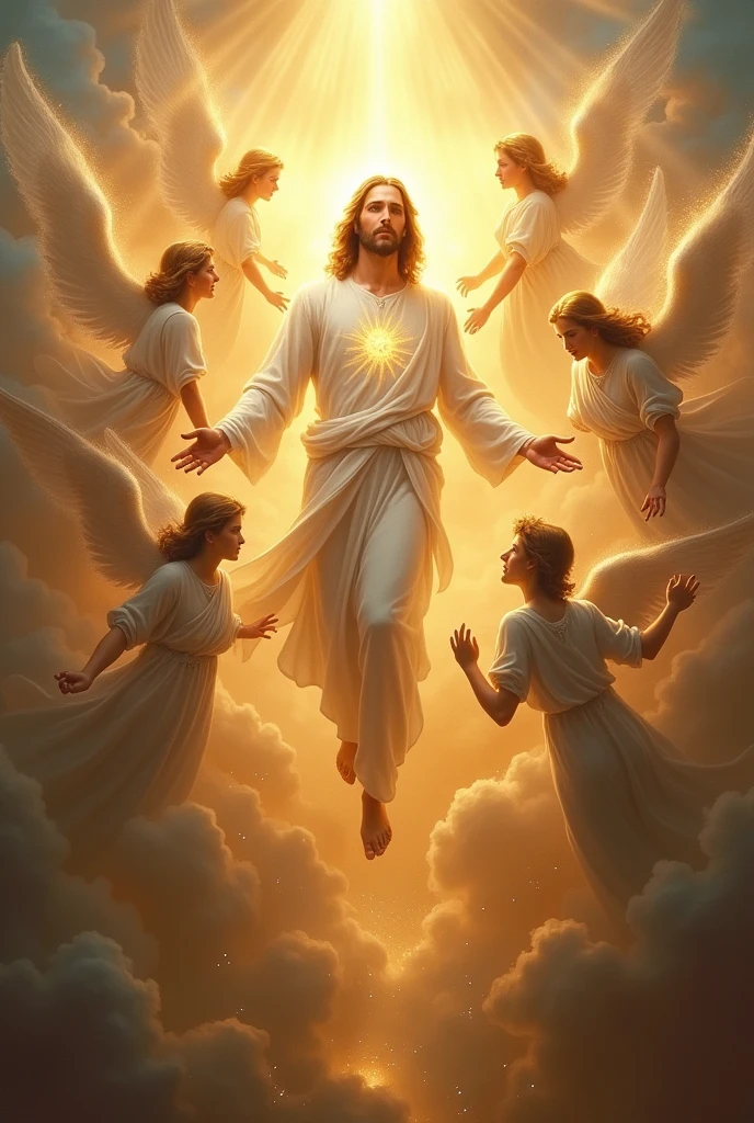 Jesus in paradise with several angels and archangels 