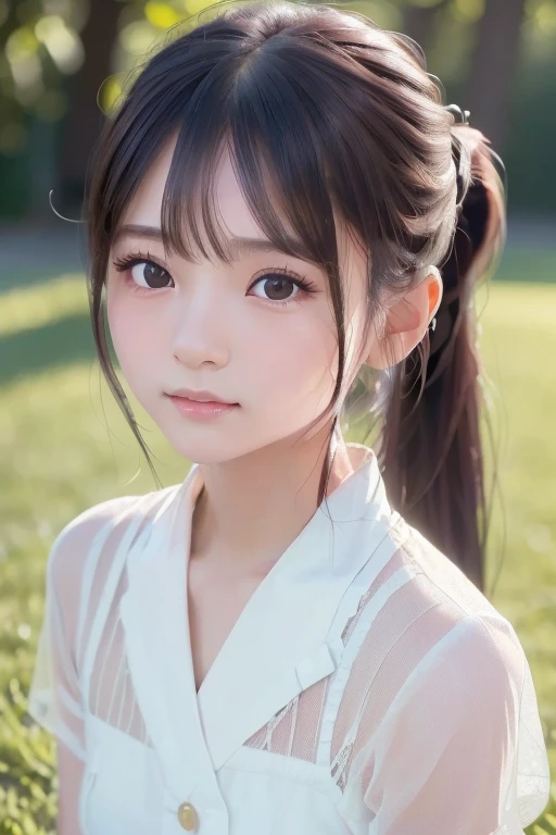 One piece with collar,Outdoor,Urban Park,On the grass,Very detailed, In detail, High resolution, 8k wallpaper, Perfect dynamic composition, 美しいAttention to detail目,Outdoor,Face close-up,Outdoor,blush,Look forward,,Long hair ponytail,((8k, RAW Photos, Highest quality, masterpiece:1.2), (realism, Realistic:1.4), (Very detailed8k wallpaper), Written boundary depth, Cinema Lighting, Soft Light, Detailed beauty eyes,Shiny and smooth light brown ponytail, Asymmetrical bangs, Glowing Skin, Very detailed skins ,High resolutionです., Attention to detail, Detailed hairstyle, Attention to detail顔の美しさ, Ultra-realistic, Perfect limbs, Perfect ??????? ,1 Japanese girl,Famous idols of Japan, Perfect female body,A shy smile,short eyelashes,double eyelid,Look straight here,Hairstyle: ponytail,