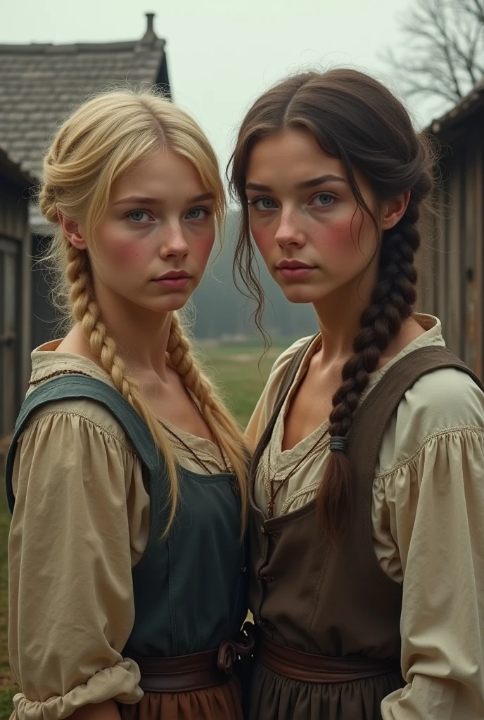 Create two women, one blonde and one brunette, peasant women, around the year 1800, the brunette needs to have a much bigger nose