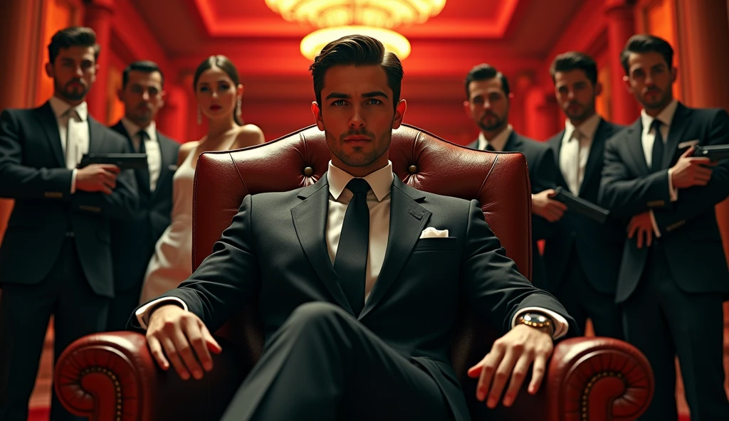 A striking and powerful movie poster featuring a young, handsome Mafia Boss exuding confidence as he sits in a luxurious boss chair. He is impeccably dressed in a stylish, tailored suit. Behind him stands a beautiful woman, elegantly dressed, embodying grace and poise. Next to her, there is a second version of the Mafia Boss dressed in simple, unassuming clothes, adding an intriguing contrast.
The background is a lavish bungalow with an opulent design, hinting at the Mafia Boss's hidden empire. Surrounding the bungalow are several men, all dressed in black suits, holding guns firmly in their hands, creating a sense of dominance and authority. The overall atmosphere is intense and dramatic, with a mix of luxury and power, setting the tone for a thrilling narrative.