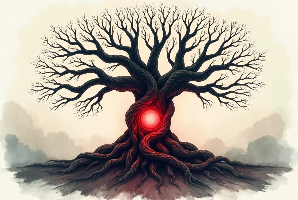 Watercolor of a tree of life with no flowers or leaves on its branches and its roots intertwined with a bright, blood-red philosopher&#39;s stone.