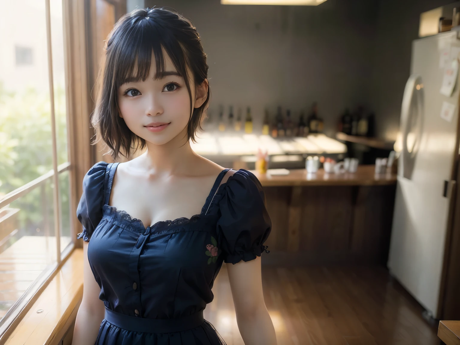 (Highest quality, masterpiece, Ultra-high resolution, 8k, RAW Photos, Realistic, Anatomically correct:1.5), 20-year-old girl:1.2, Embarrassing, avert your eyes, blush:1.0, View Viewer, ((bar)) 、Large windows、Night view、 Light:1.2, Bokeh, Cinema Lighting:1.0, Depth of written boundary, sharp、 Cute Face、Idol、(Black short sleeve lace top)、(Black tulle skirt)、(Navy blue clothes)、(Floral clothes)、”dwarf”、(Full Body Shot)、(Side angle)、Cowboy Shot、( smile)、((Ultra short hair、Berry Short))、(Straight bangs)、((See-through))、(( One woman))、look back、I can see your belly button、