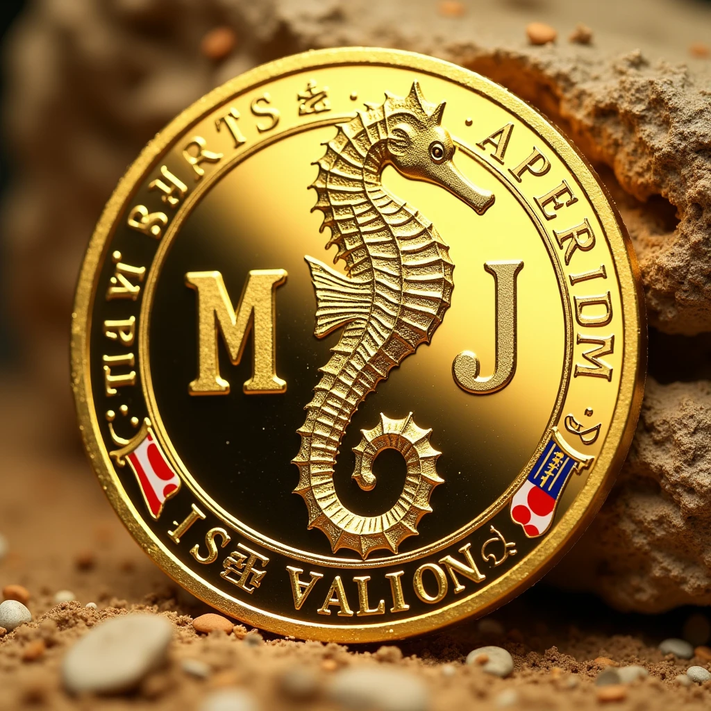 Create a coin with the letters M and J in the center. Design of a seahorse in the center. Gold. High quality. Luxurious image. Small flags of JAPAN and Malaysia on the outside.