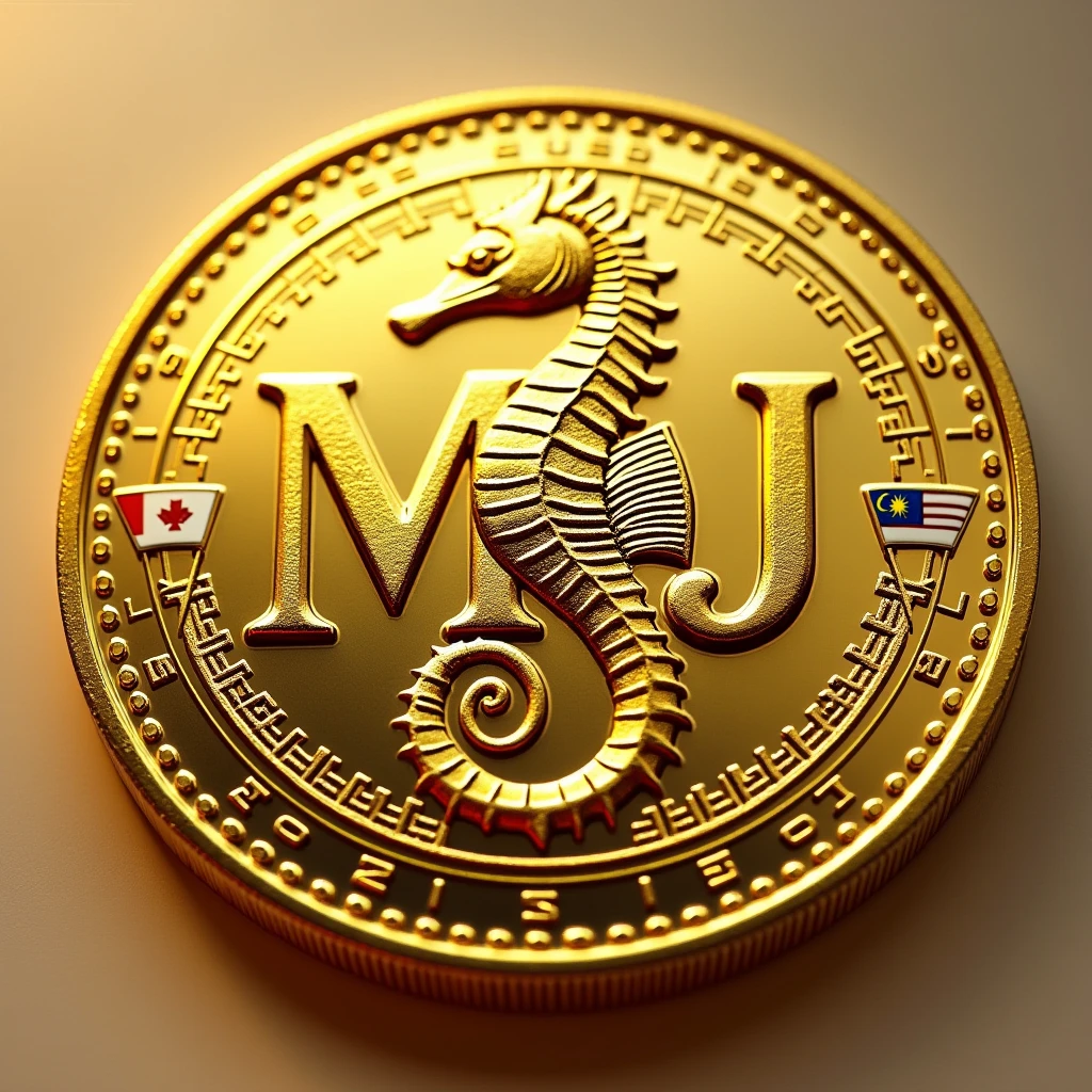 Create a coin with the letters M and J in the center. Design of a seahorse in the center. Gold. High quality. Luxurious image. Small flags of JAPAN and Malaysia on the outside.