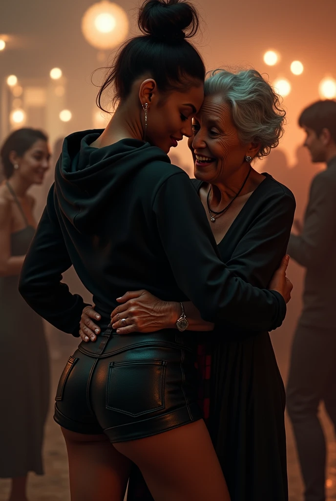 black woman hair in a bun black hoodie black leather short shorts a old grandma in a dress kissing her ass behind her squeezing her sexy ass in a school dance