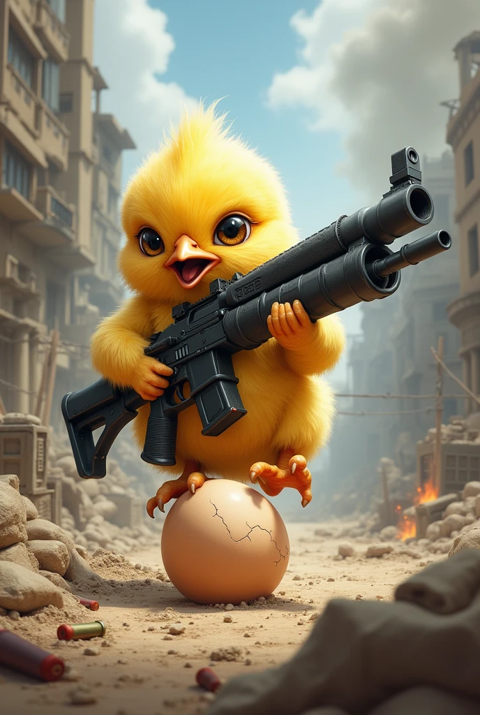 Cute but angry chick with a very big gun and stepping on an egg With a war background