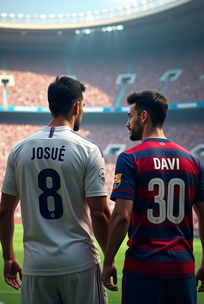 a man with his back turned with the Real Madrid shirt, with the name "Josué" number 8, walking around the stadium, and another adult with his back turned talking to Josué with the Barcelona shirt with the name "Davi" number 30