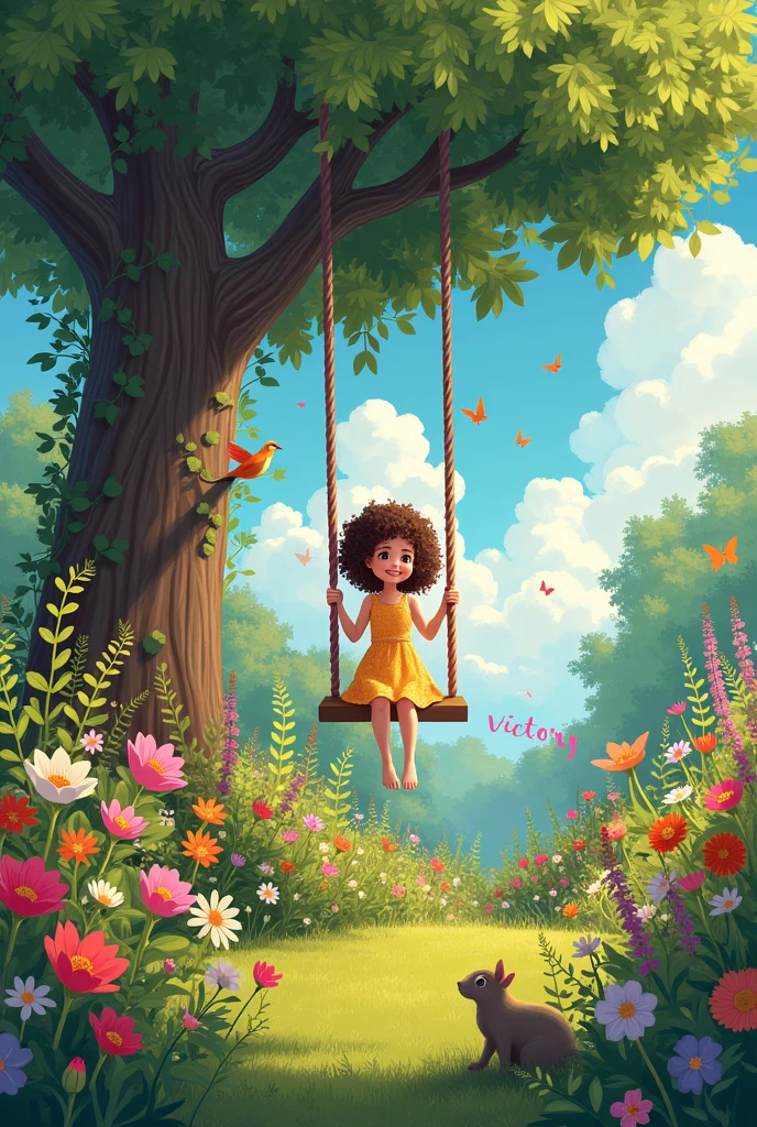 ARDIM FULL OF FLOWERS,MANY SMALL ANIMALS,A TREE WITH A SWING ,AN INDIAN CHILD WITH CURLY HAIR IN A DRESS ON A SWING IN THE BACKGROUND ,NAME VICTORY