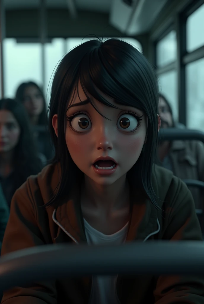 /imagine prompt: ANIMATED, personality: [Illustrate Riya looking alarmed as she notices the other passengers, all sitting silently, their faces expressionless and eerily still. Her heart is racing, and the tension builds in the bus interior, enhancing the unsettling atmosphere] unreal engine, hyper real --q 2 --v 5.2 --ar 16:9