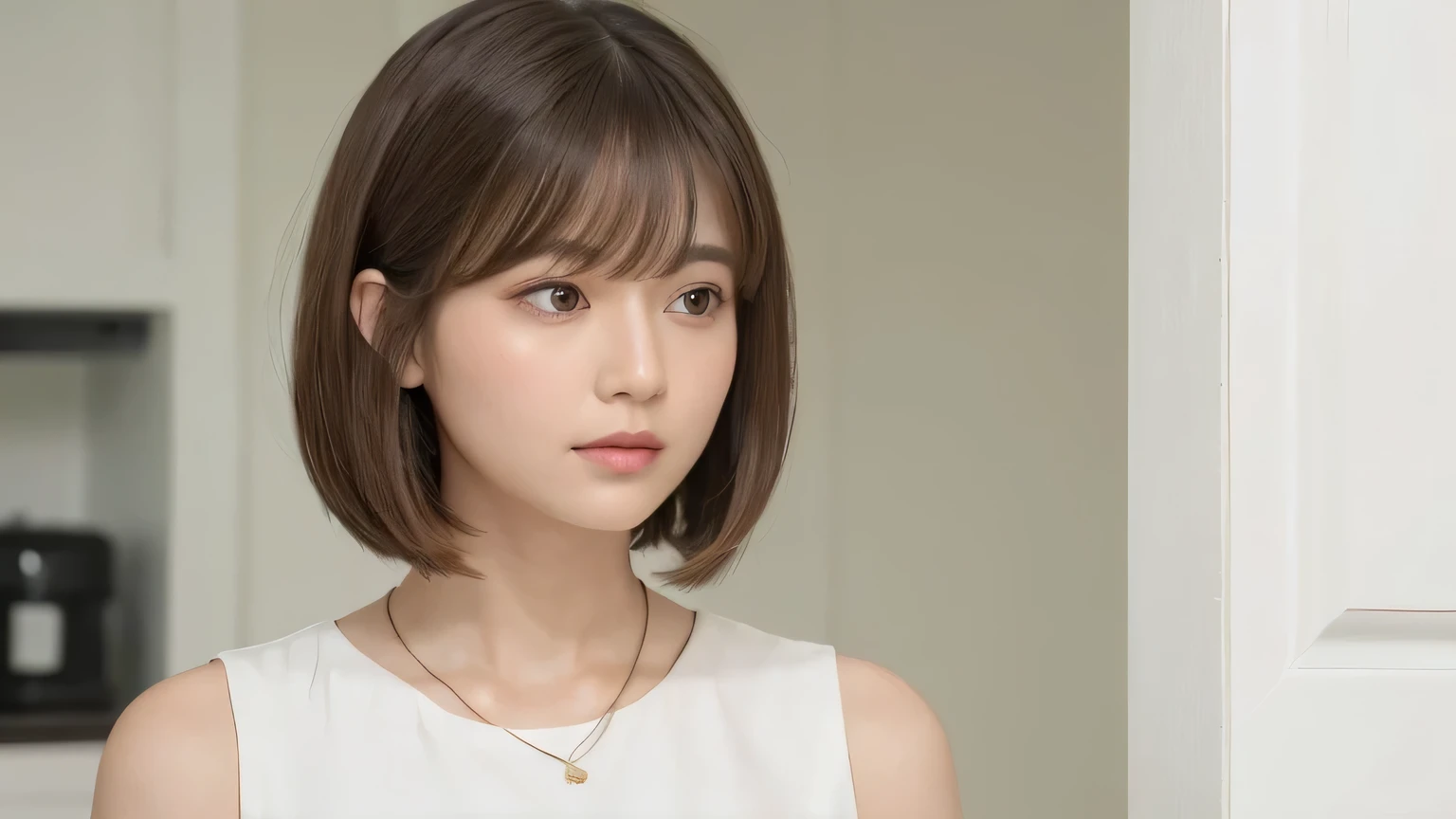 wearing a white shirt, Shoulder-length hair,Layered Cut、Shoulder - Length hair, Medium length hair, Curtain bang, Medium Hair, with short hair, Princess Cut, Shoulder-length hair, White princess cut hairstyle, Korean symmetrical face, short~Medium Hair, Shoulder - Length, A close-up of a brown-haired woman with a sleek hairstyle with bangs、White wall、In front of the white door、((A room with a white wall and a window))、Mr..々tracing、Simple Necklace、Don'Don'Don't look at the camera