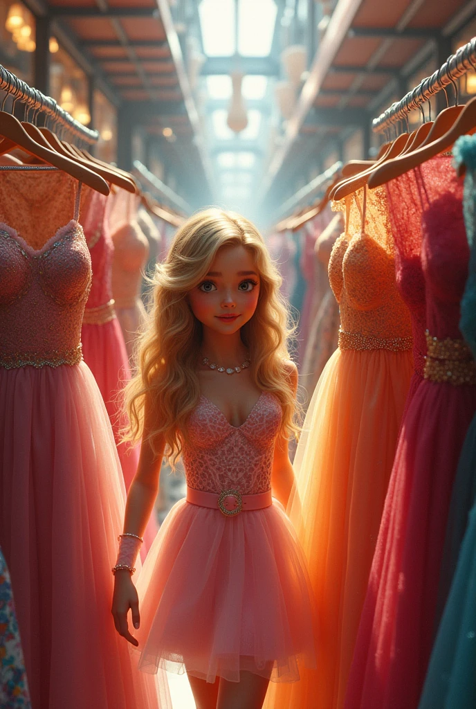 Blonde curly haired  girl looking at dresses in store 