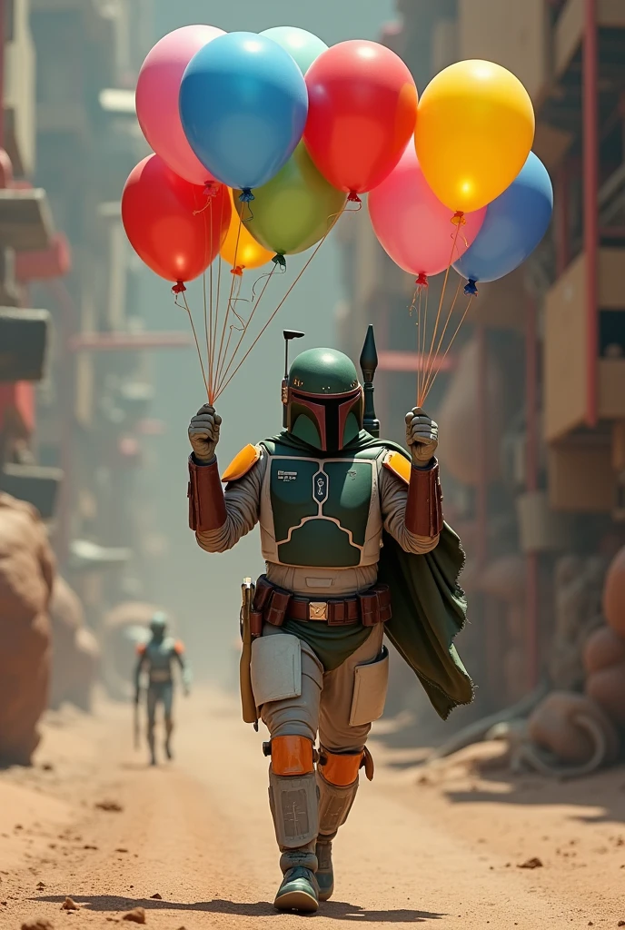 Boba Fett runs away with balloons in both hands、Star Wars、movie、Mandaean