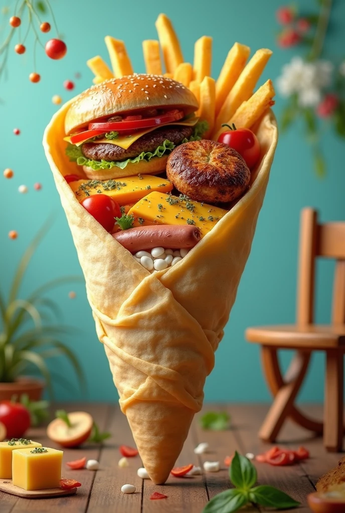 I require a very funny image of a shawarma dough cone, where they are inside a hamburger, SALCHIPAPA. Cheese with oregano and a wooden chair, but let it be a funny image All things you can put inside the cone, including the chair The chair can be placed inside the cone