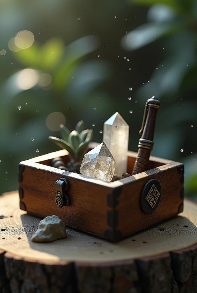 There is a small wooden box with a pen and a small crystal, concept art by Tom Wänerstrand, unpack, chest, primer plano de un amuleto, miniature Product photo, ash crystal, quartz crystal, Full product photo, Floating symbols and crystals, official Product photo, highly detailed Product photo, detailed Product photo, Product photo, amulet