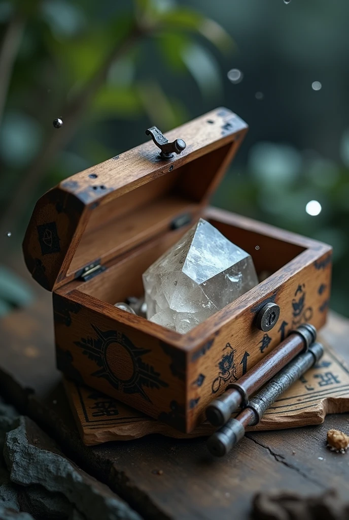 There is a small wooden box with a pen and a small crystal, concept art by Tom Wänerstrand, unpack, chest, primer plano de un amuleto, miniature Product photo, ash crystal, quartz crystal, Full product photo, Floating symbols and crystals, official Product photo, highly detailed Product photo, detailed Product photo, Product photo, amulet