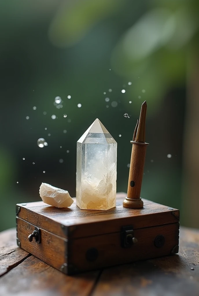 There is a small wooden box with a pen and a small crystal, concept art by Tom Wänerstrand, unpack, chest, primer plano de un amuleto, miniature Product photo, ash crystal, quartz crystal, Full product photo, Floating symbols and crystals, official Product photo, highly detailed Product photo, detailed Product photo, Product photo, amulet