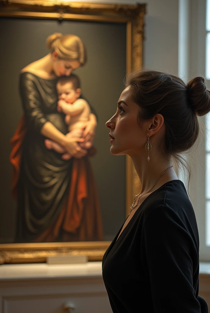 A woman looking at the painting motherhood