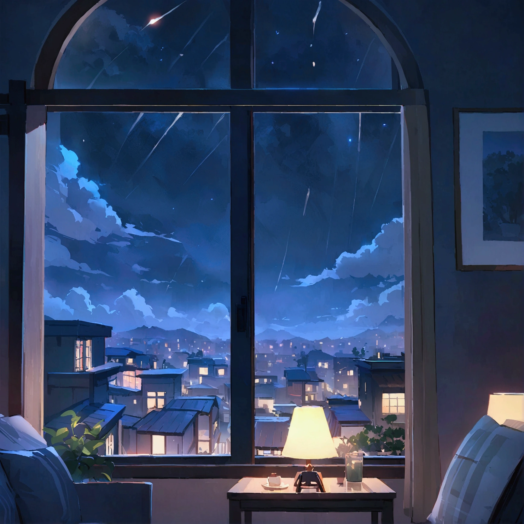 Night view,Living room at home ,Heavy rain outside the window,Xin Haichen,窓から見える大雨の中のNight view